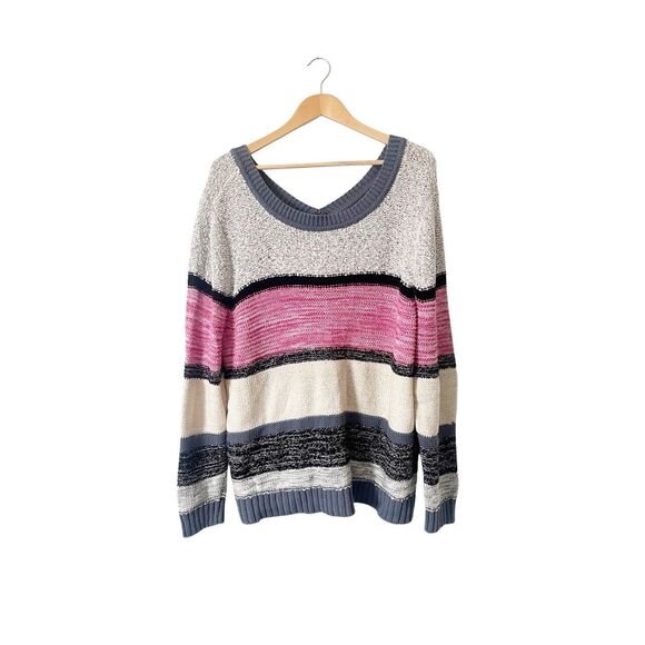 Caslon Sweaters - Caslon Ivory Pink Odetta V-Back‎ Striped Knit Cotton Blend Sweater Size 2X NWT